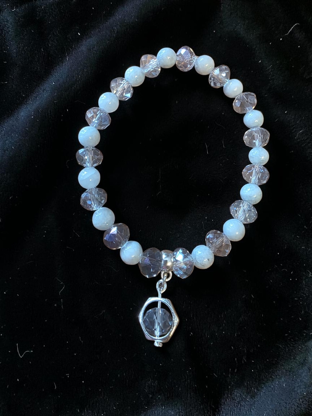 Handmade Crystal and Jadeite Beaded Stretch Bracelet Char